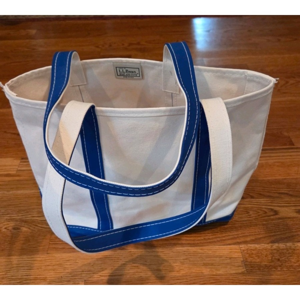 Vintage 80s L.L.Bean Made In USA Boat & Tote Bag Cream Blue Canvas Unmonogrammed